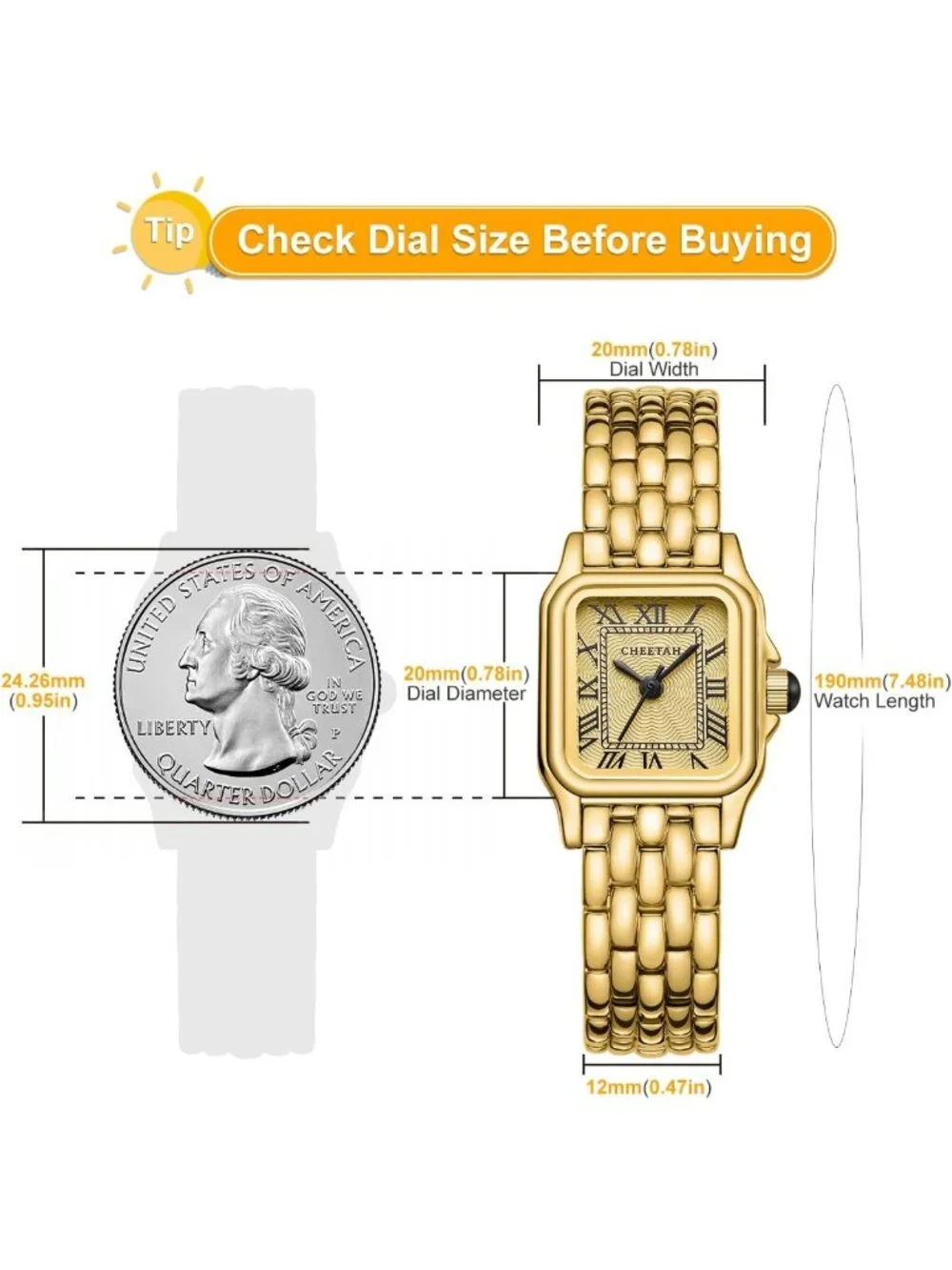Vintage Cheetah Gold Watch for Women, Small Rectangular Roman Dial Bracelet